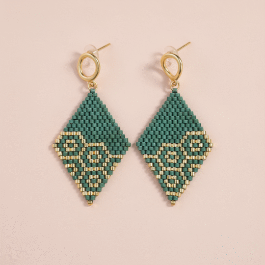 Aretes Miyuki -Rombo Verde y Dorado