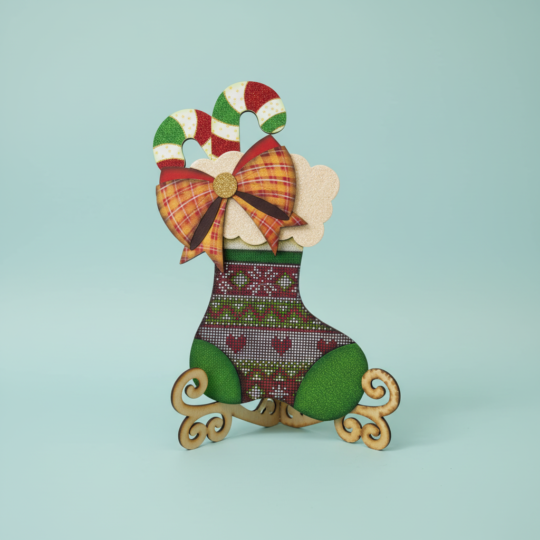 Bota navideña en MDF - con bastones y moño escocés